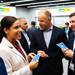 ** A professional networking event, showcasing diverse individuals in the energy sector exchanging business cards and engaging in conversations, with a focus on renewable energy technologies in the background.

**