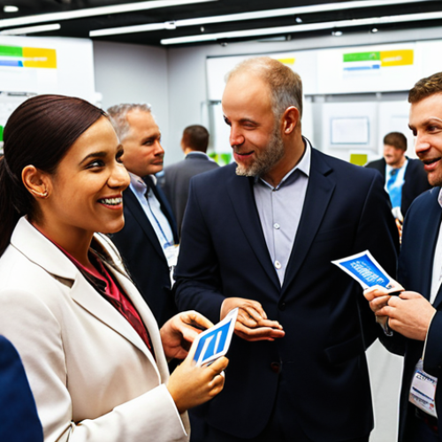 Home 4 ** A professional networking event, showcasing diverse individuals in the energy sector exchanging business cards and engaging in conversations, with a focus on renewable energy technologies in the background.
**