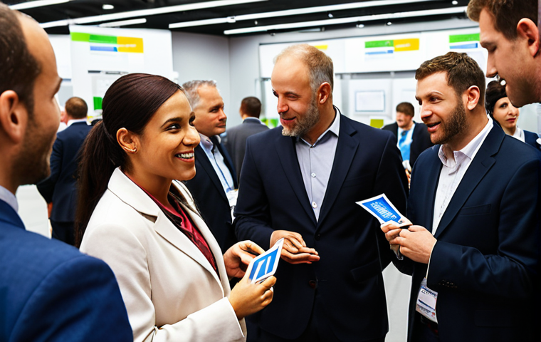 ** A professional networking event, showcasing diverse individuals in the energy sector exchanging business cards and engaging in conversations, with a focus on renewable energy technologies in the background.
**