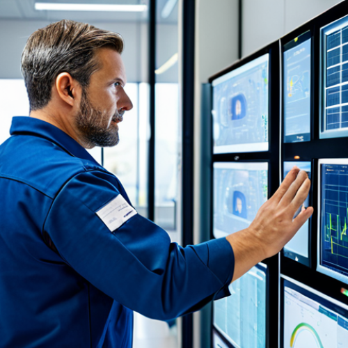 Home 15 A focused male energy technician, in his late 30s, wearing a clean, professional technician uniform with a company logo. He is standing in a brightly lit, modern control room of a Smart Grid facility, interacting with a large digital display showing real-time energy flow data and analytics. His expression is one of deep concentration and expertise. The background features complex schematics and smaller monitoring screens. Perfect anatomy, correct proportions, natural pose, well-formed hands, proper finger count. Professional photography, high quality, realistic, safe for work, appropriate content, fully clothed, professional dress, modest.