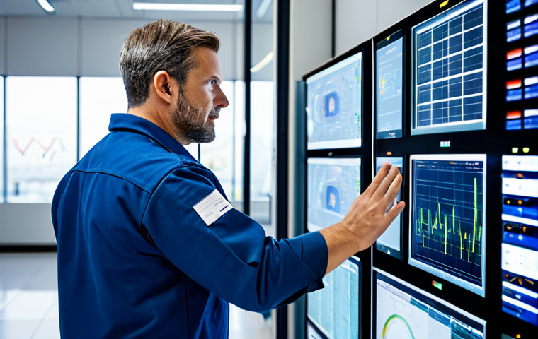 A focused male energy technician, in his late 30s, wearing a clean, professional technician uniform with a company logo. He is standing in a brightly lit, modern control room of a Smart Grid facility, interacting with a large digital display showing real-time energy flow data and analytics. His expression is one of deep concentration and expertise. The background features complex schematics and smaller monitoring screens. Perfect anatomy, correct proportions, natural pose, well-formed hands, proper finger count. Professional photography, high quality, realistic, safe for work, appropriate content, fully clothed, professional dress, modest.
