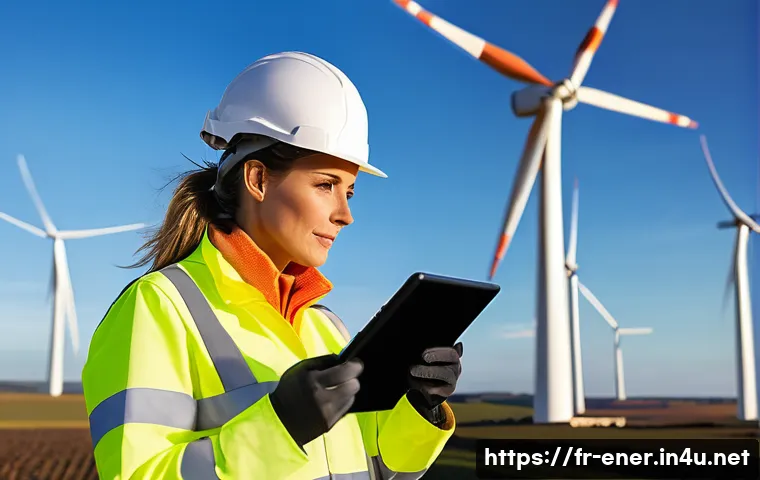 에너지기술자 연봉 테이블 분석 - **Prompt:** A dynamic, high-definition photograph capturing a skilled French female wind turbine tec...