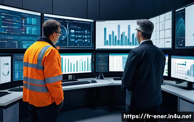 에너지 설비 고장 진단법 - A modern industrial control room with engineers and operators collaboratively monitoring large digit...