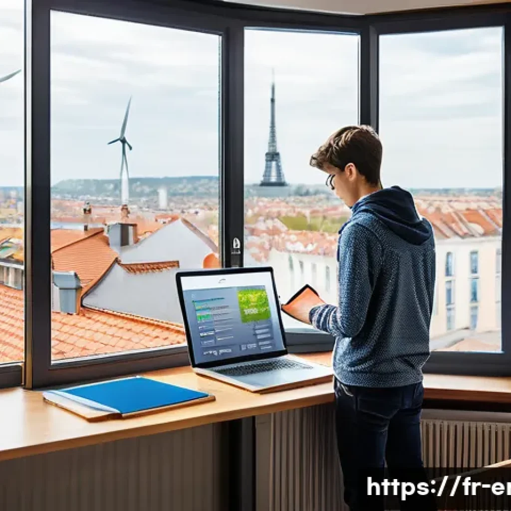 에너지기술 공무원 시험 준비법 - A modern study room with a young French student preparing for an energy technology exam, surrounded ...