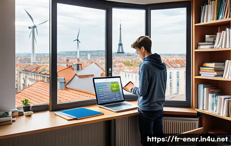 에너지기술 공무원 시험 준비법 - A modern study room with a young French student preparing for an energy technology exam, surrounded ...