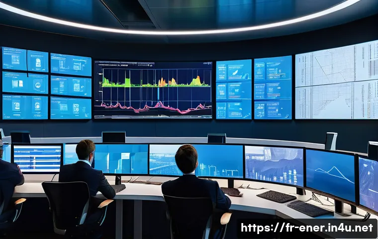 에너지기술자 문제 해결 사례 - A modern smart electrical grid control room in France, showing French energy technicians monitoring ...