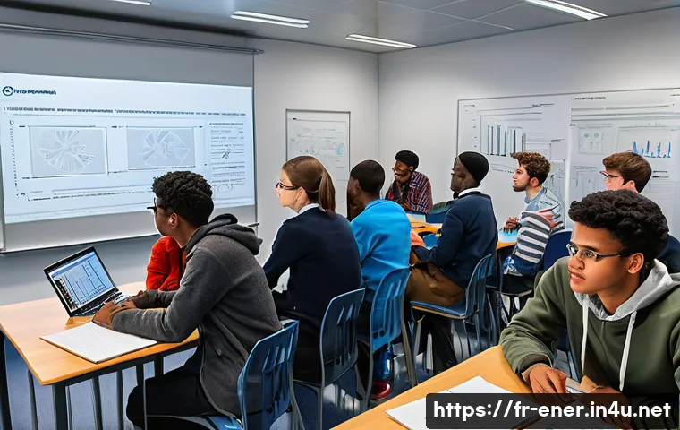 에너지기술자 시험 준비 중점 과목 - A detailed and realistic classroom scene in a French university setting, showing a diverse group of ...