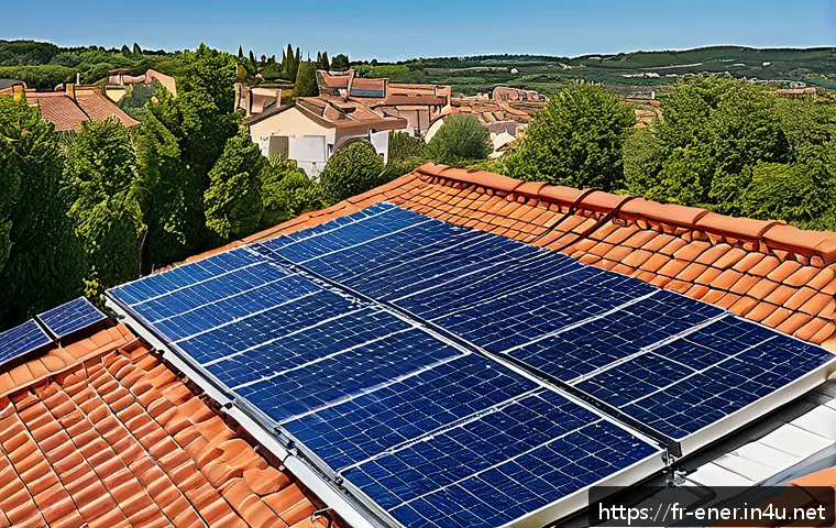 에너지기술 실습 시 알아둘 점 - A detailed illustration of a modern residential rooftop solar photovoltaic installation in a sunny F...