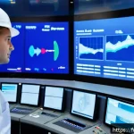 Home 23 에너지 설비 위험 관리 사례 - A high-tech nuclear power plant control room with multiple operators wearing safety uniforms and hea...