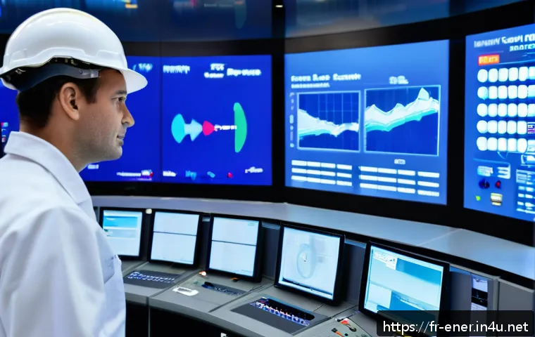 에너지 설비 위험 관리 사례 - A high-tech nuclear power plant control room with multiple operators wearing safety uniforms and hea...