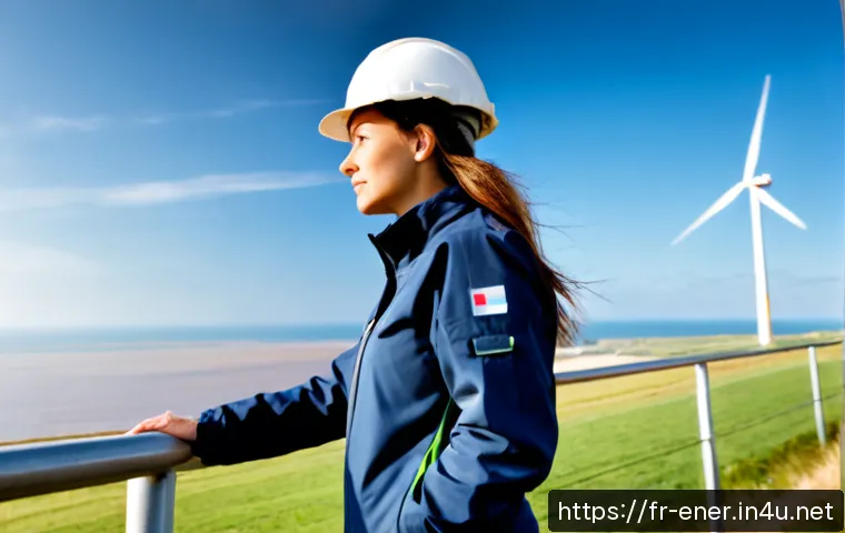 에너지기술 분야 여성 엔지니어 사례 - Photorealistic French female renewable-energy engineer in her 30s wearing a navy safety jacket and h...