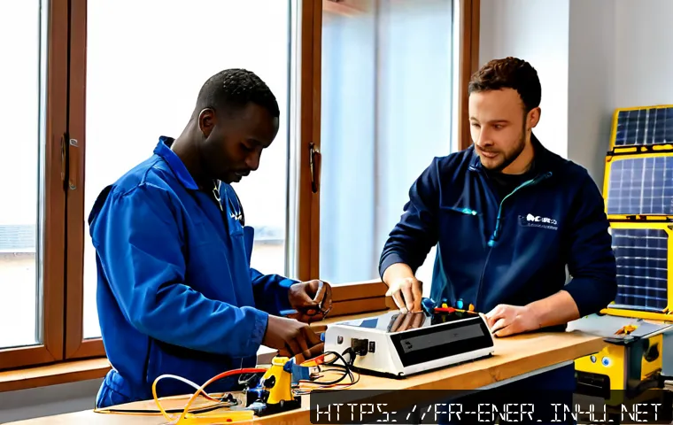 Home 15 에너지기술 실무 교육 프로그램 - Photorealistic vocational energy technology workshop in France, diverse adult trainees in clean safe...