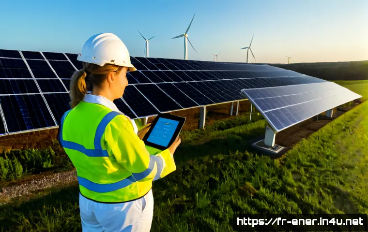 Home 15 에너지 기술의 최신 동향 - Photorealistic wide-angle view of a modern French renewable energy site at sunrise, elegant rows of ...